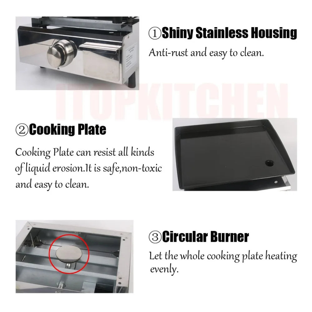 2 Burners Grill LPG BBQ Griddle for Commercial Non-stick Iron Plate Enamel Cooking Barbecue Steak Outdoor Grill Camping Cooking