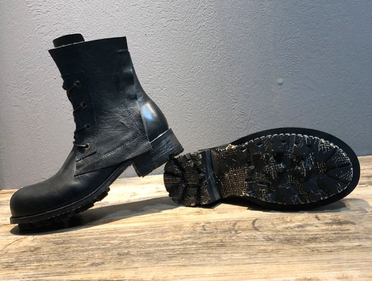 Handmade Vintage Round Toe Mens High Top Work Safety Shoes Cowhide Genuine Leather Ankle Boots Lace Up Motorcycle Riding Boots