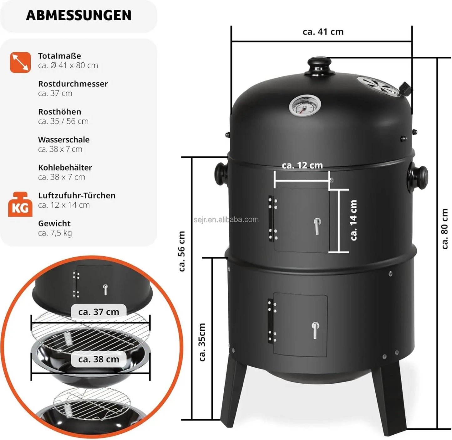 3 in 1 Outdoor BBQ Charcoal Grill, Barbecue, Smoker with Thermometer
