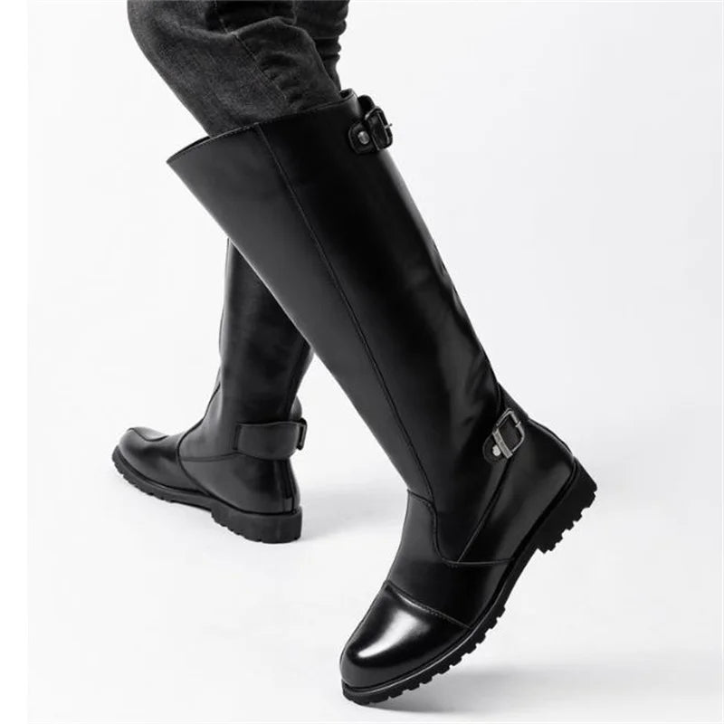 New Arrival Black Long Knee Boots Men Round Toe Buckle High Top Casual PU leather Shoes Man Motorcycle Boots Size 37-46
