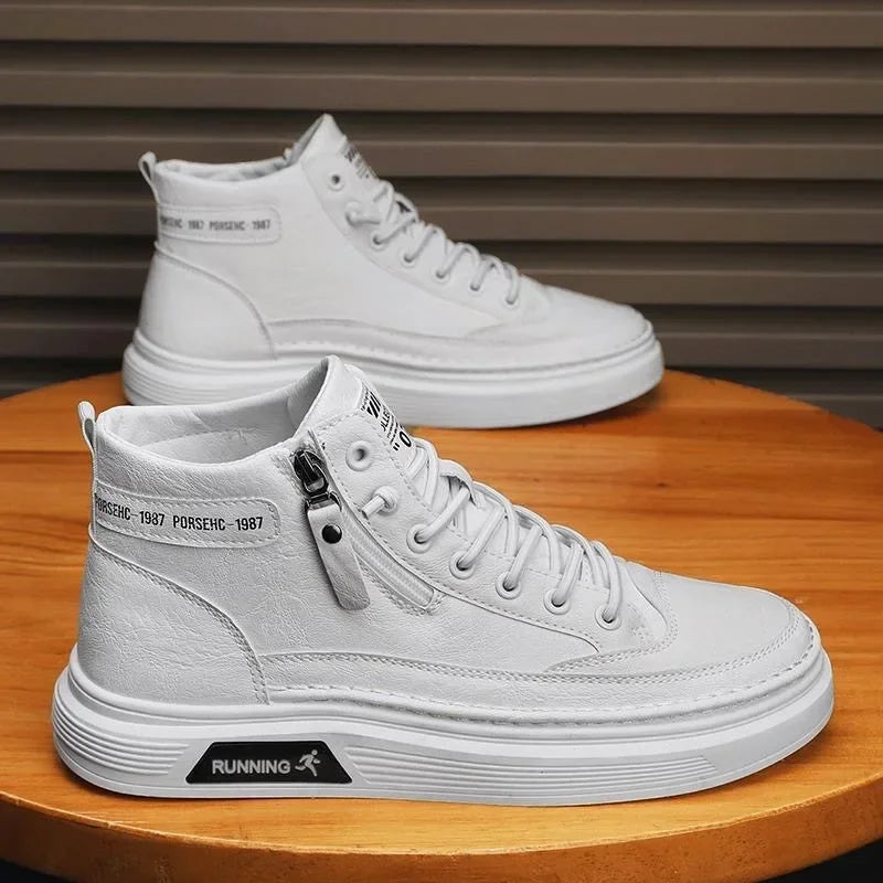 Leather Boots for Men Zipper Man Sneakers Fashion Ankle Boots High Top Man Boots Solid Sports Shoes 2024 Trend Motorcycle Boot