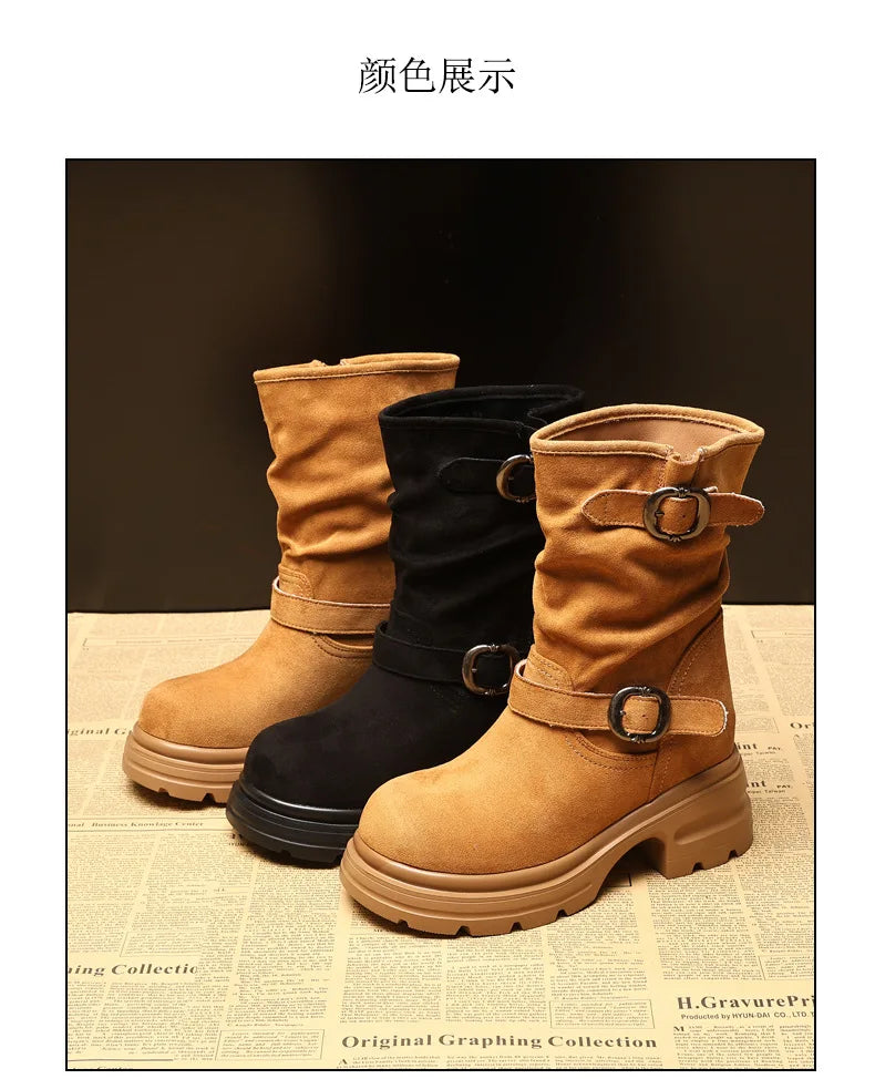 Fujin 9cm Leather Women’s Platform Ankle Boots Booties, Chunky Motorcycle Style Casual Streetwear Fall Winter Fashion Shoes