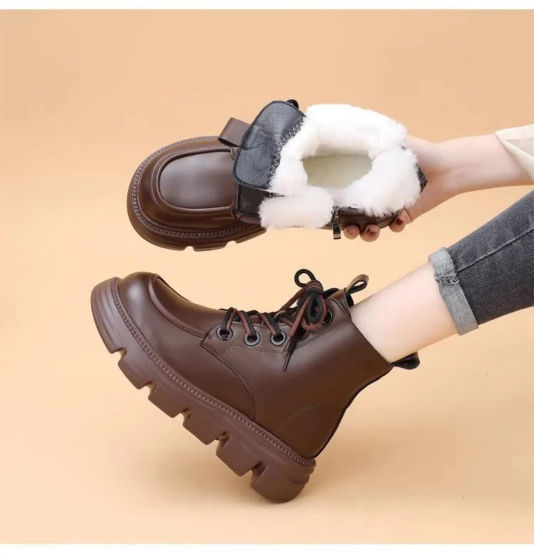 Women's Boots Winter New Fur Snow Boots Platform Plush Comfortable Anti Slip Warm Lace Up Cold Proof Cotton Ankle Boots Women
