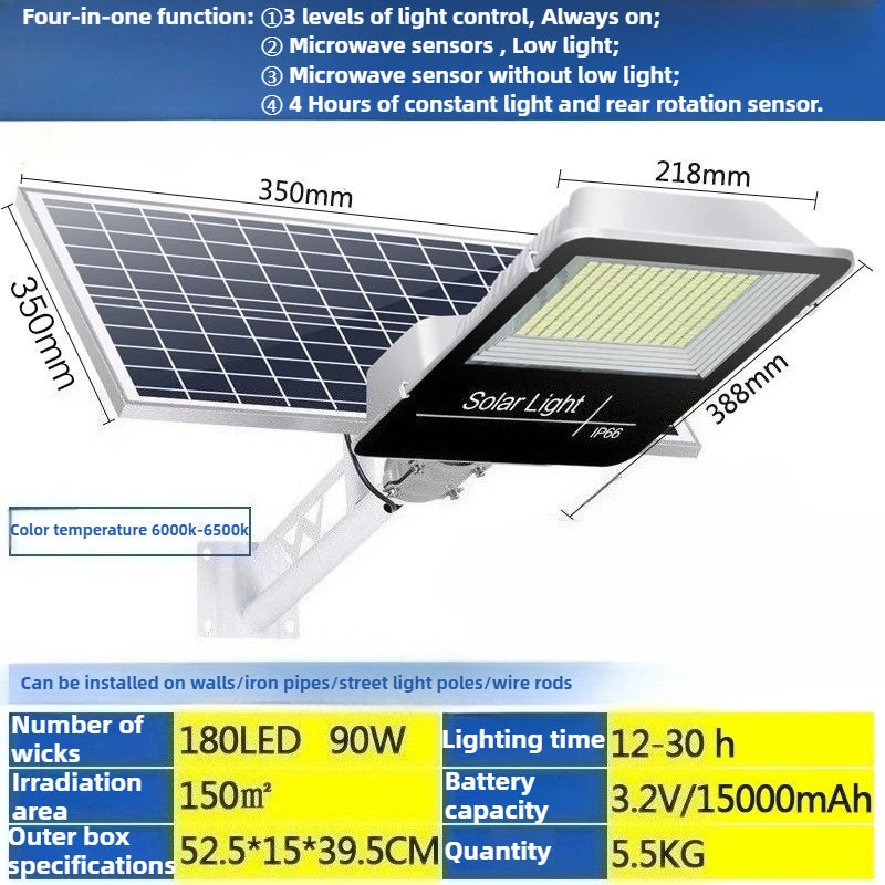150W Powerful Solar Street Light Remote Control LED Metal Shell Radar Induction Wall Light Outdoor Lighting Split Garden Light