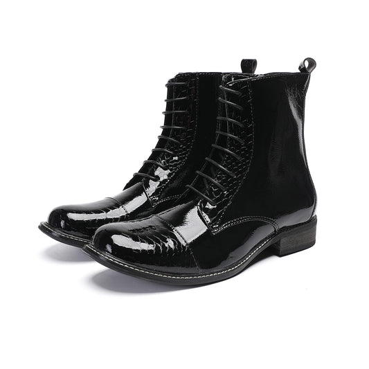 Botas Winter Male Dress Shoes Round Toe Motorcycle Short Boots Plus Size Fashion Black Lace Up Patent Leather Men Ankle Boots
