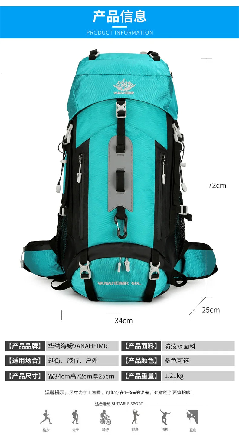 60L Large-Capacity Outdoor Mountaineering Backpack,Anti Splashing Water Wear-Resistant Camping Hiking And Cross-Country Backpack