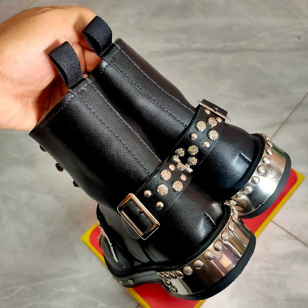 New high quality heavy metal men's fashion motorcycle casual popular ankle boots Autumn winter luxury tall boots pocket boots A6