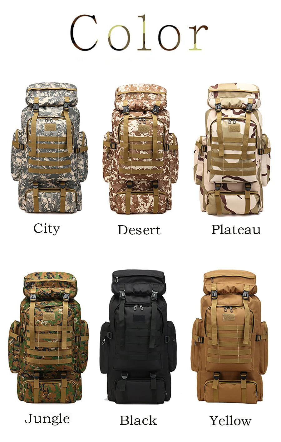 80L Waterproof Molle Camo Tactical Backpack Military Army Hiking Camping Backpack Travel Rucksack Outdoor Sports Climbing Bag