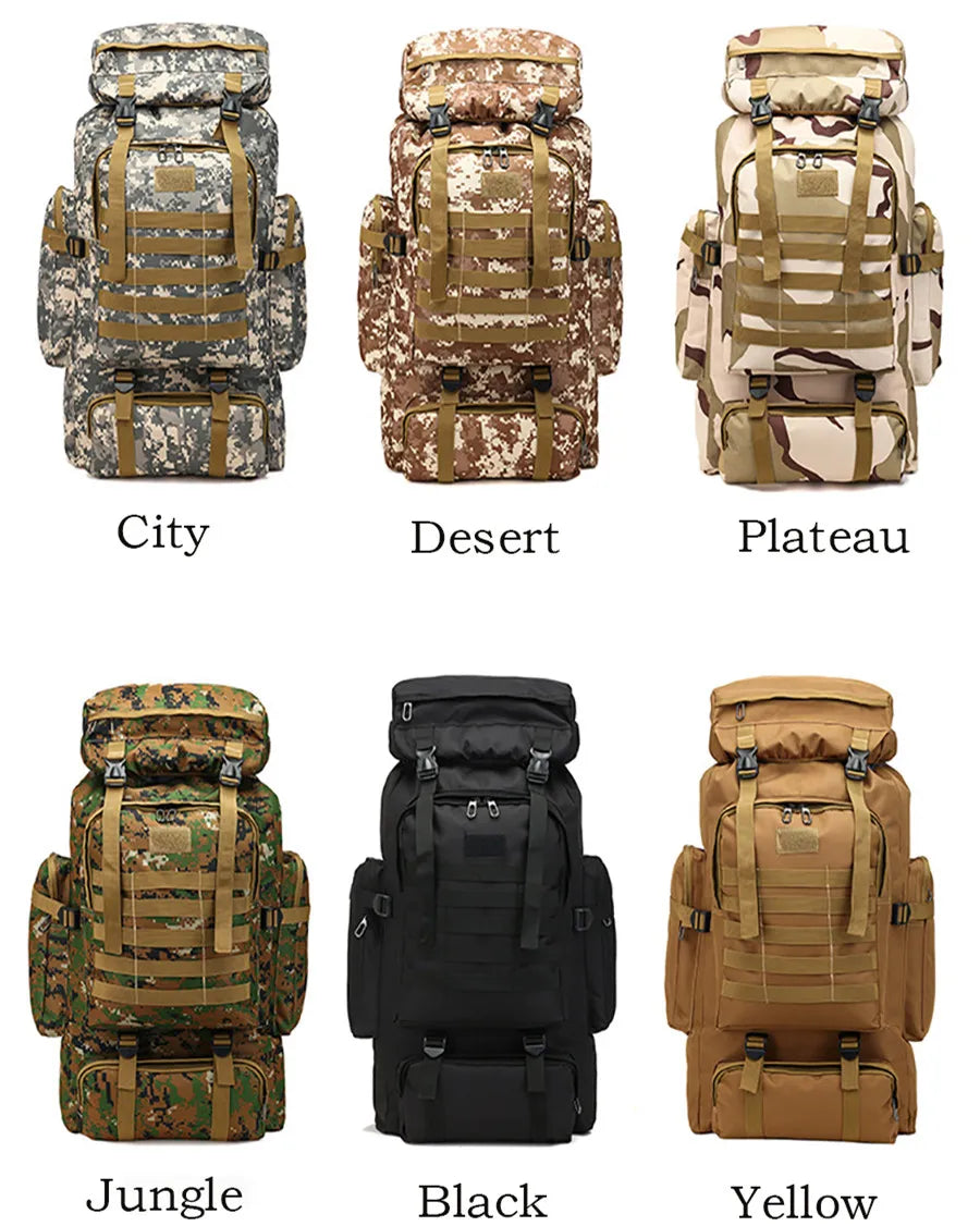 80L Waterproof Molle Camo Tactical Backpack Military Army Hiking Camping Backpack Travel Rucksack Outdoor Sports Climbing Bag