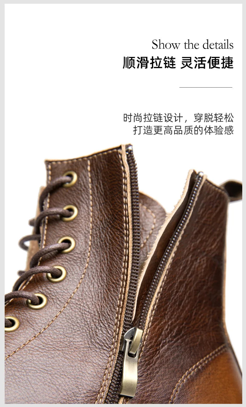 Motorcycle Boots Men Genuine Leather Retro Motorbike Ankle Boots Thick Soled Wear Resistant High Top Cowhide Shoes EU 38-44