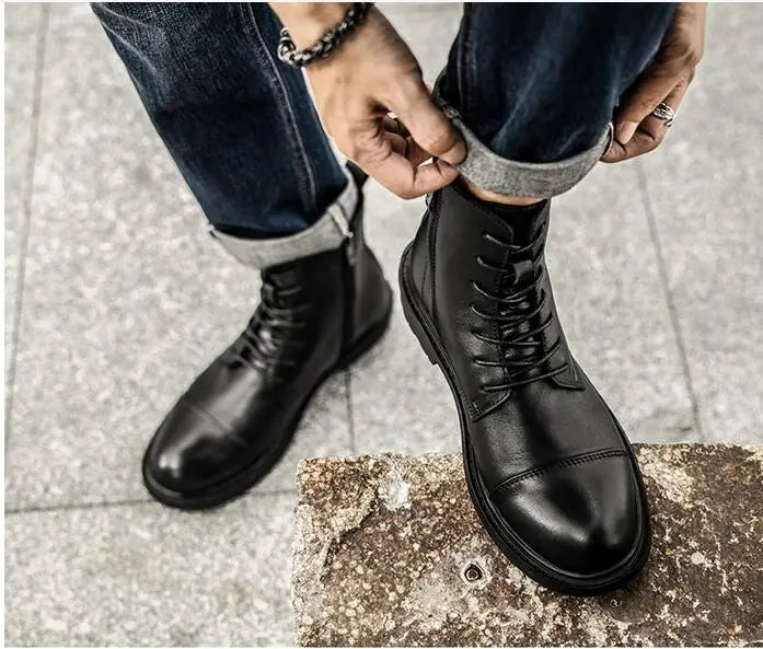 A047 New Men's Boots British High Calf Man Shoes Fashion Round Toe Ankle Boots Comfort Flats Shoes Leather Motorbike Shoe