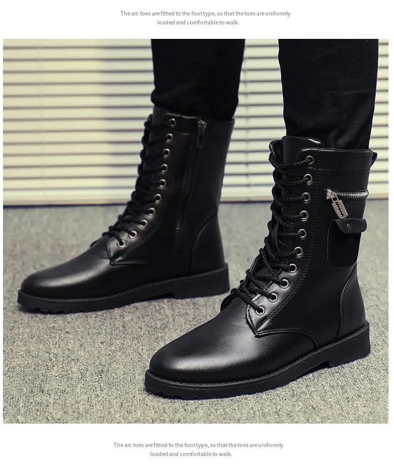 PU Leather Men Motorcycle Boots Men's Riding Hunting Walking Shoes Autumn Winter Mid-Calf Boots High Top Boots