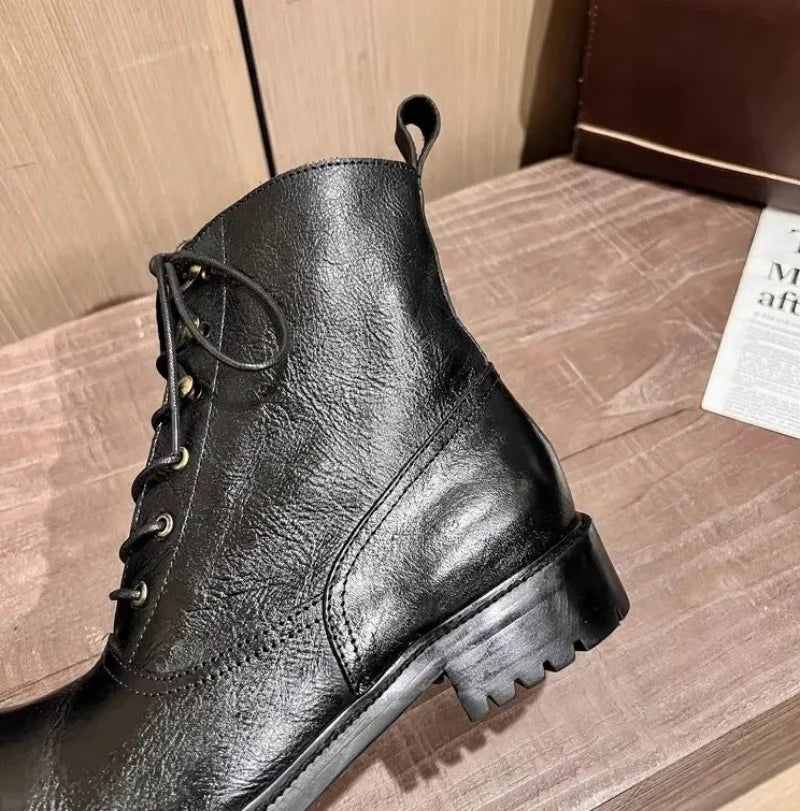 Vintage Mens Round Toe Lace Up High Top Work Safety Shoes Cowhide Genuine Leather Ankle Boots British Motorcycle Riding Boots 45