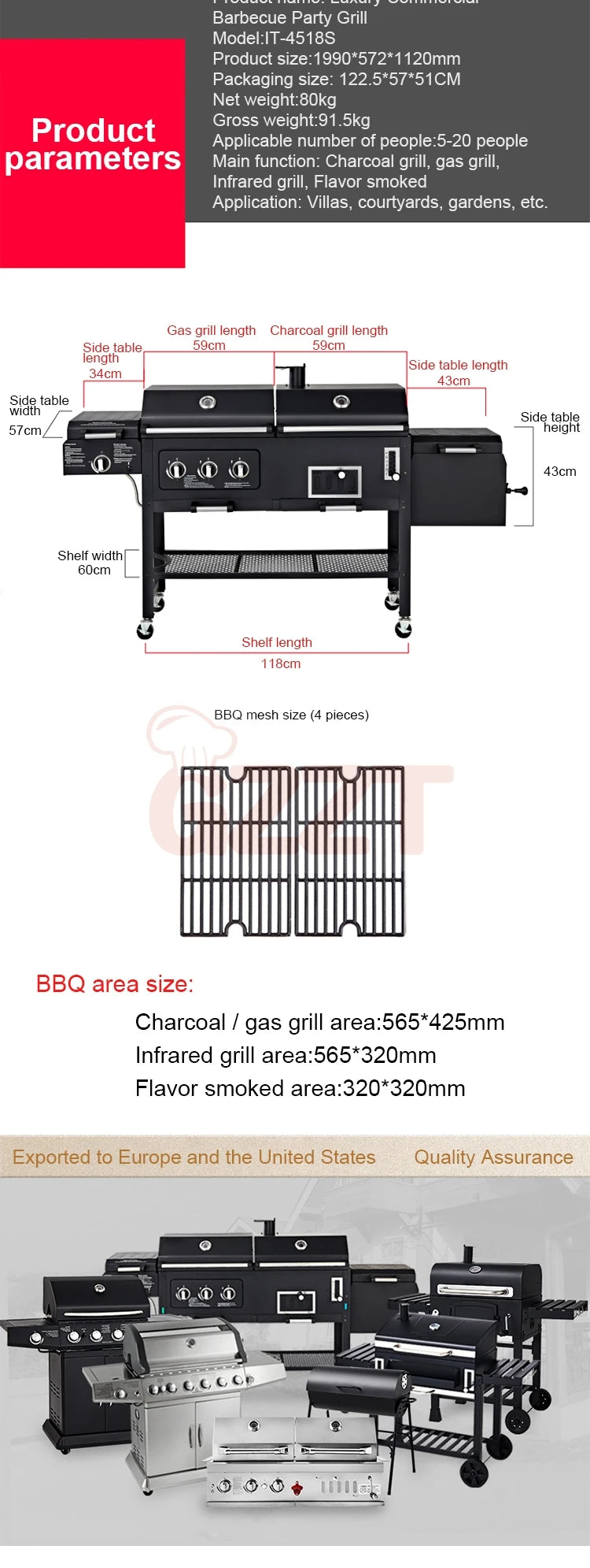 IT-4518S Gas Charcoal Combo Combination Hybrid Gas BBQ Barbecue Grills with Infrared burner Outdoor Kitchen Cooking Equipment