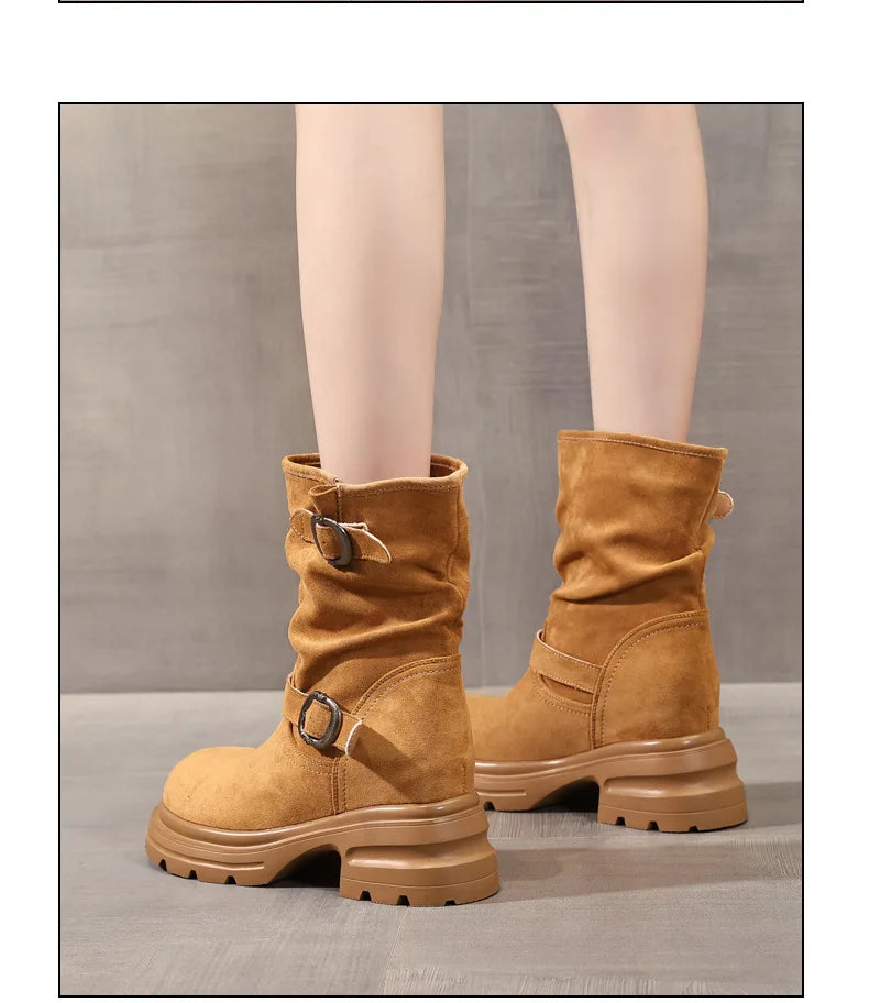 Fujin 9cm Leather Women’s Platform Ankle Boots Booties, Chunky Motorcycle Style Casual Streetwear Fall Winter Fashion Shoes