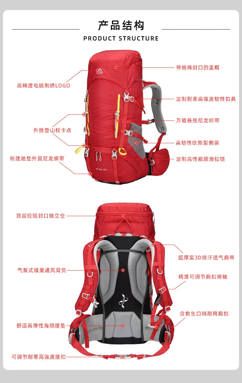 50L Outdoor Hiking Backpack Large Capacity Climbing Trekking Camping Bag, Durable Outdoor Backpack for Men Women Travel