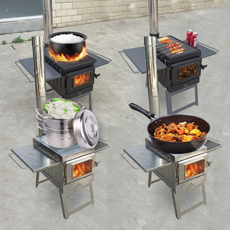 Outdoor Camping Wood Stove, Portable Charcoal Barbecue Grill, Stainless Steel, Multifunctional Cooking Tent Stove
