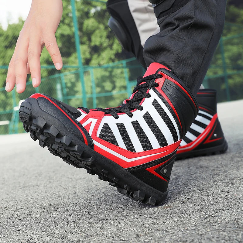 Men's Motorcycle Boots New Breathable Stripe Motos Riders Shoes Outdoor Motocross Protective Boots Hiking Non-slip Sports Shoes