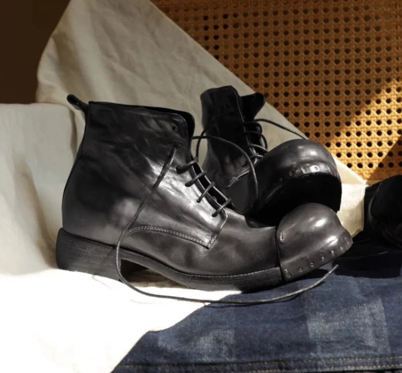 Retro Horsehide Genuine Leather Mens Boots Handmade Lace Up High Top Work Cargo Shoes High Quality Motorcycle Short Boots Male