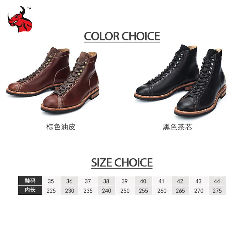 Cowhide High Top Motorcycle Boots Vintage Men Moto Ankle Boots Motocross Thick Soled Riding Boots Walking Shoes Moto Equipment