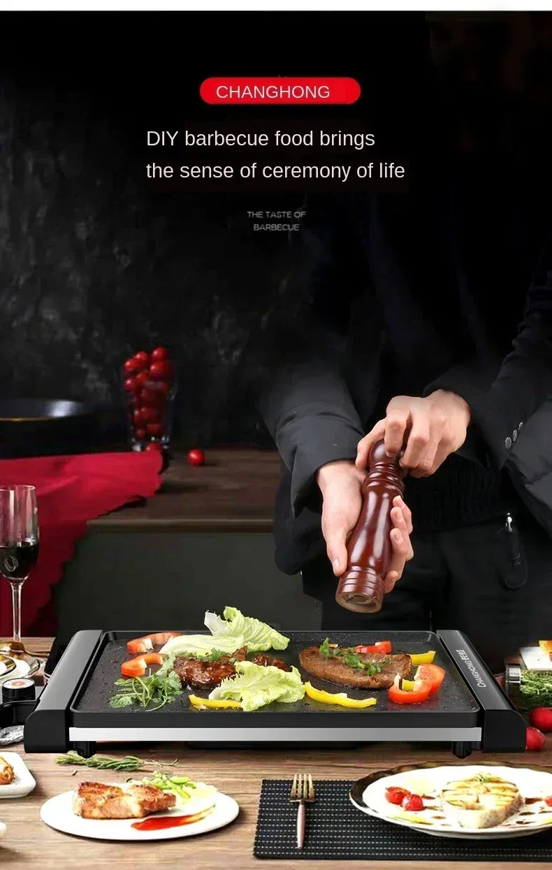 220V Korean Style Non-Stick Electric Grill Pan for Smokeless BBQ, Hotpot and Griddle Cooking at Home A C