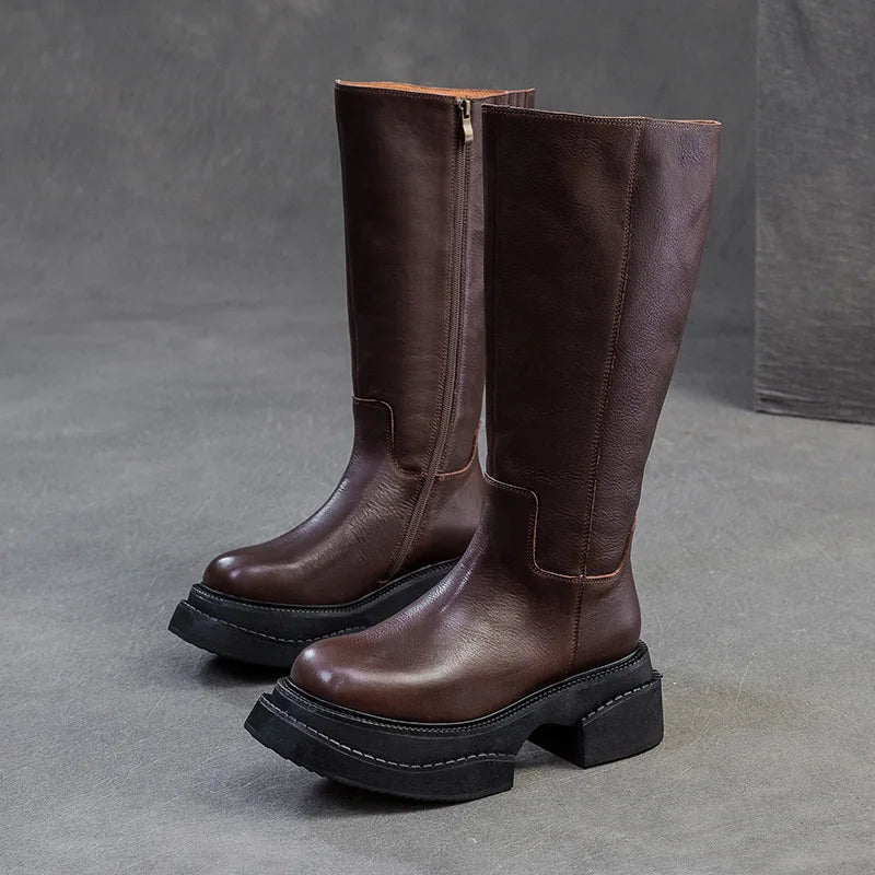 6.5cm Cow Genuine Leather Women Ankle Knee Motorcycle Booties Boots Chunky Heels Platform Wedge Shoes Chimney High ZIP Spring