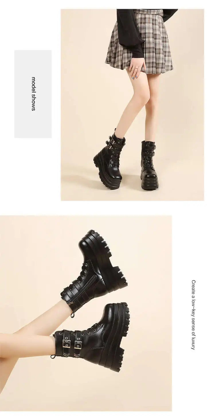 Women Boots British Belt Buckle 2025 Autumn New Height Increasing Thick Soled Short Boot Lace Up Zipper Fashion Motorcycle Boots