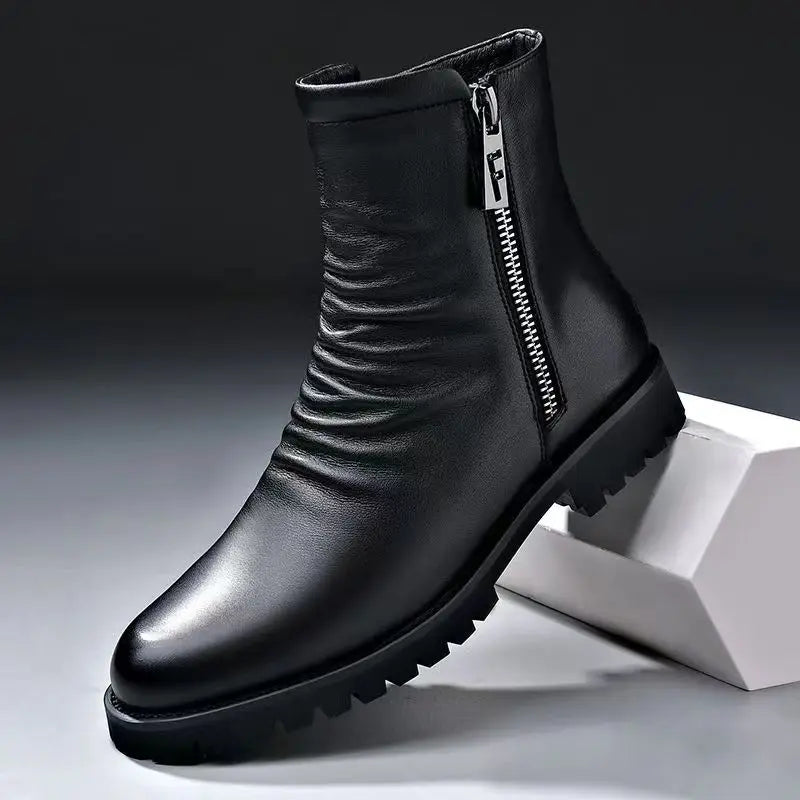 British style mens fashion autumn winter boots black stylish warm wool shoes cowboy genuine leather shoes high motorcycle botas