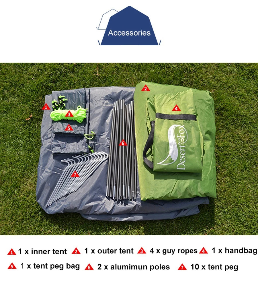 Desert Fox Camping Tents Fiberglass/Aluminum 3 Season Backpack Tent Lightweight Outdoor Compact Tent for Hiking Cycling Climbing
