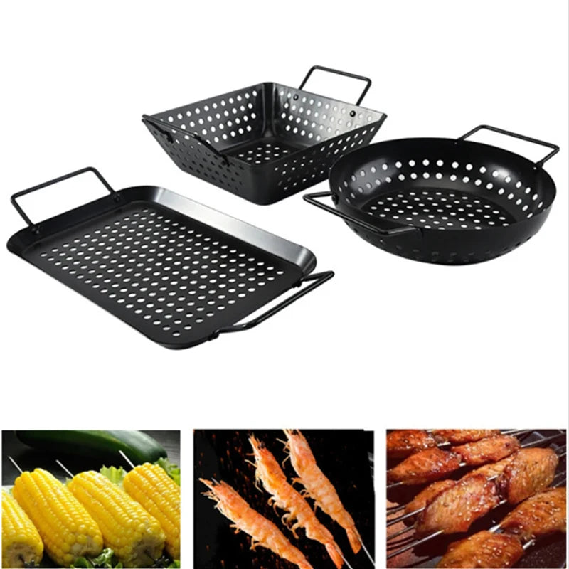 Stainless Steel Barbecue Grill Basket With Perforated Drain Basket Non-Stick Charcoal Plate Camping Portable BBQ Accessories