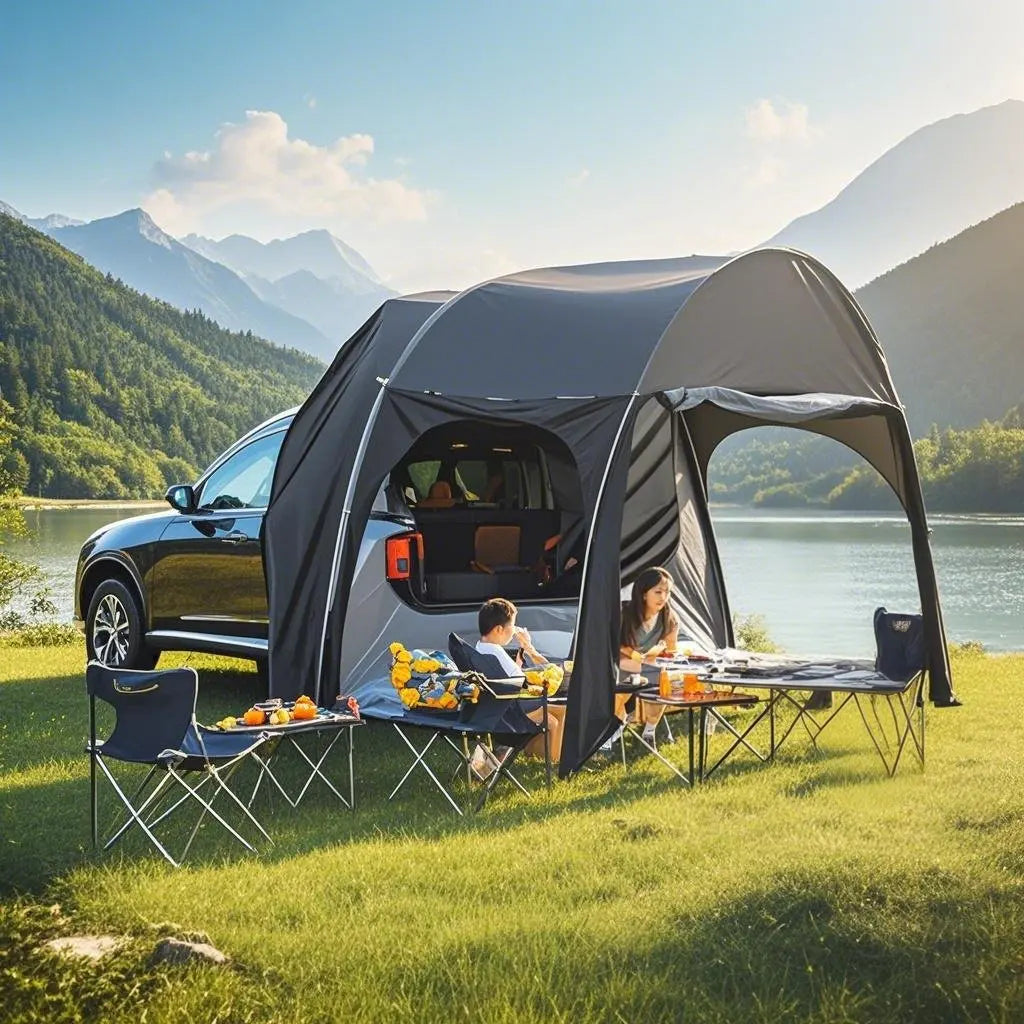 SUV Camping Tents Car Tent with Porch Vestibule Awning Shelter, 4 Person SUV Tent for Car Camping Universal Fits All SUVs Vans