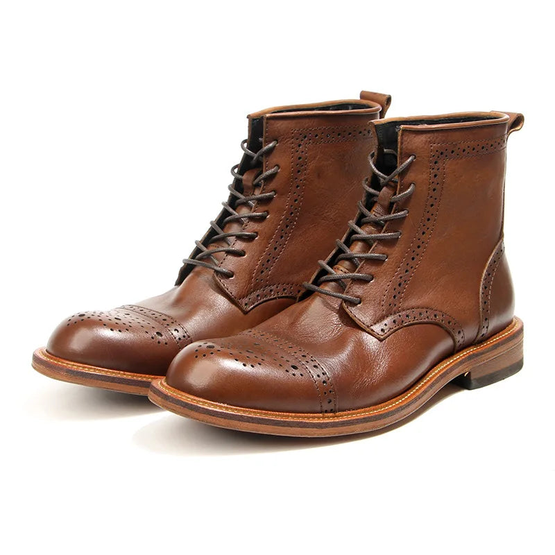 US 6-10 Business Man Mature Office Carving Brogue Shoes Men's Cowhide Top Layer Retro Genuine Leather Suit Boots
