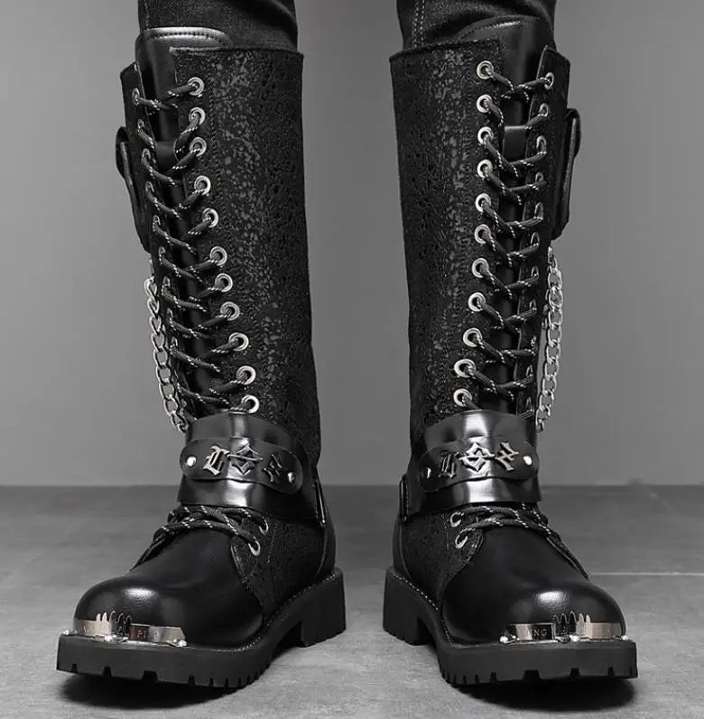 Men Motorcycle Boots Mid-calf Breathable Combat Boots Gothic Belt Punk Boots Men Shoes Hightop Casual  Metal toe boots 38-46