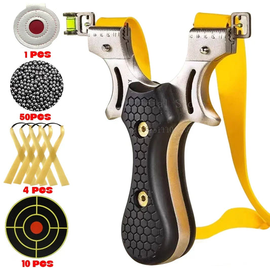 Stainless Steel Slingshot Quick Press Flat Rubber Band Slingshot Outdoor Hunting and Shooting Steel Ball Target Paper Set