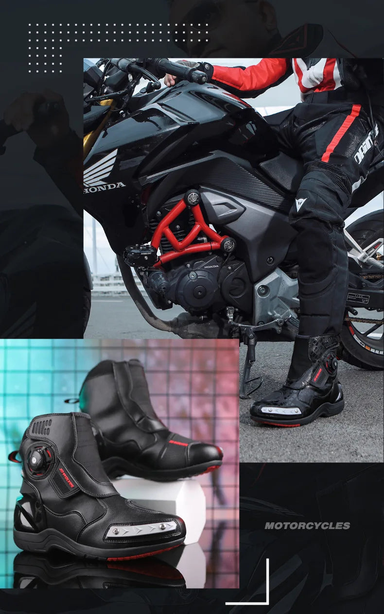 Motorcycle Boots Man Waterproof Studded Boots Hook and Loop Fasteners Wear-Resistant Motorcycle Shoes Anti-Slip Anti-Fall