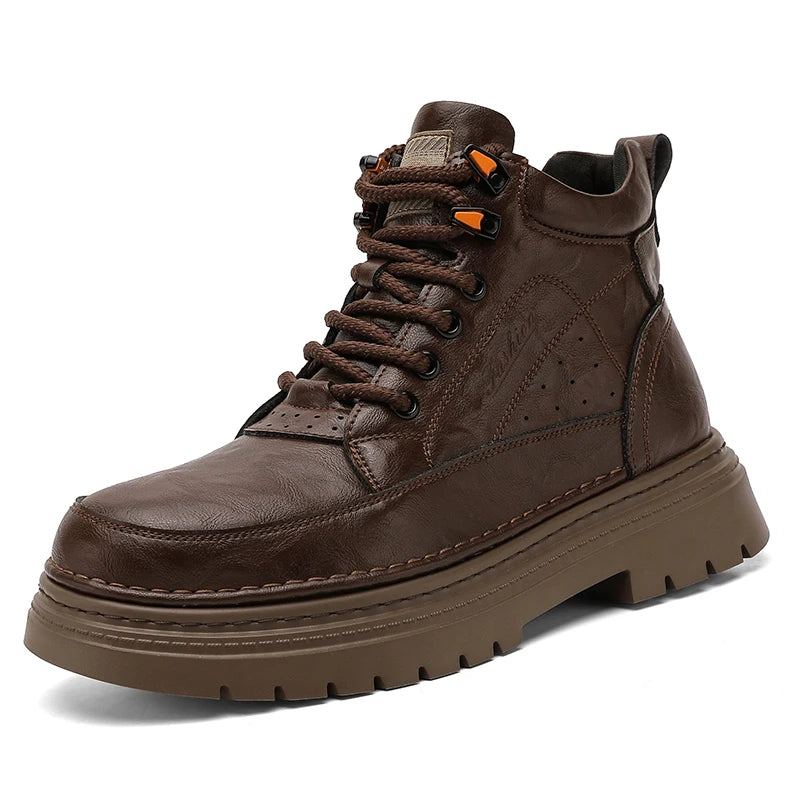 COZOK Men's Shoes Genuine Leather High Top Shoes Male Comfortable Sneakers Motorcycle Boots Male Lace-Up Winter Plush Snow Boots