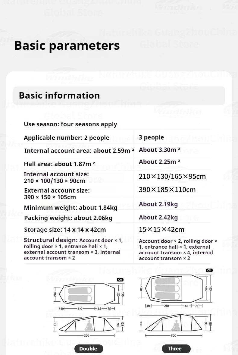 Naturehike Opalus UL Tunnel Tent 2-3 Person 15D Nylon 4 Season Hiking Tent Lightweight Large Space Outdoor Travel Camping Tent
