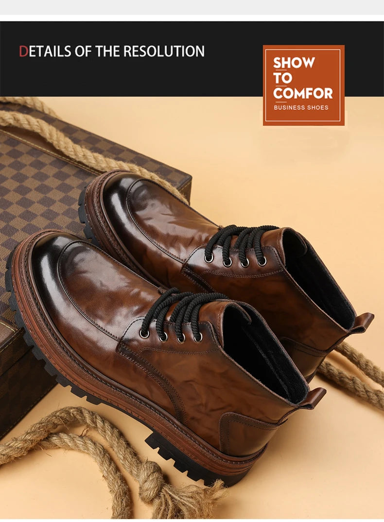 Outdoor Men High Top Leather Shoes Classic Black Leather Boots Motorcycle Breathable Riding Mid-calf Ankle Boots Warm Work Shoes