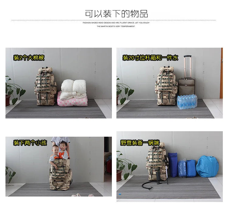 70-100L Outdoor Camping Travel Sports Backpack Military Camo Tactical Bag Large Capacity Waterproof Hiking Mountain Climbing Bag
