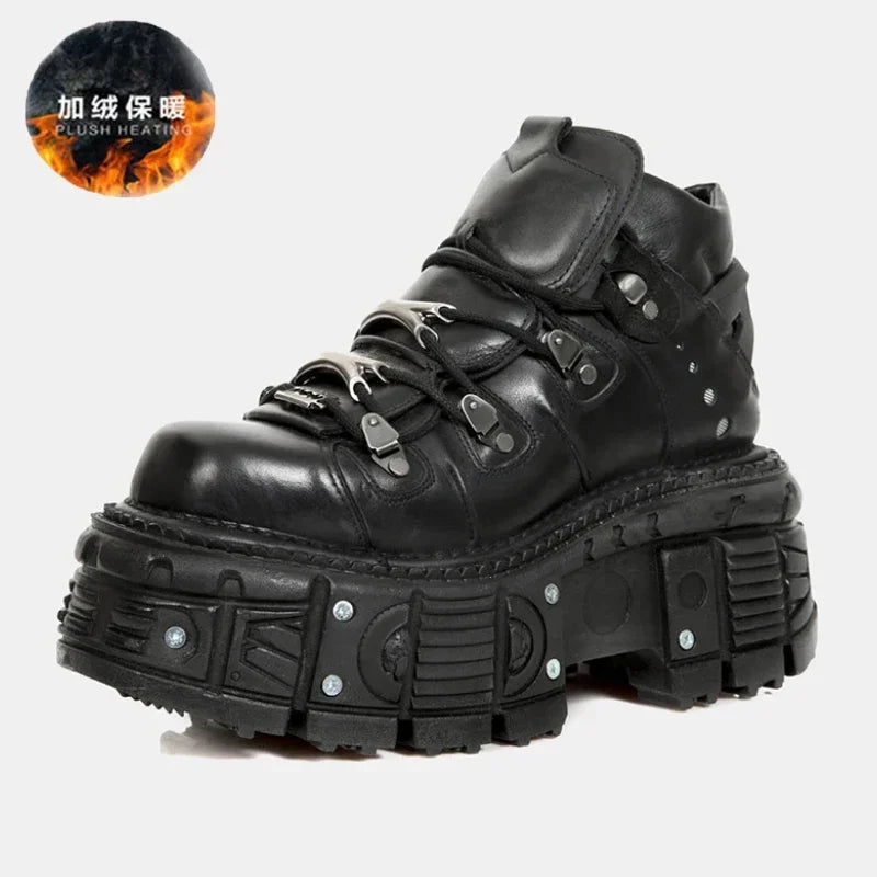 Retro Men's Motorcycle Boots Fashion Punk Rock Round Toe Leather Shoes Platform Metal Decoration Design Y2k Gothic Skull Boots