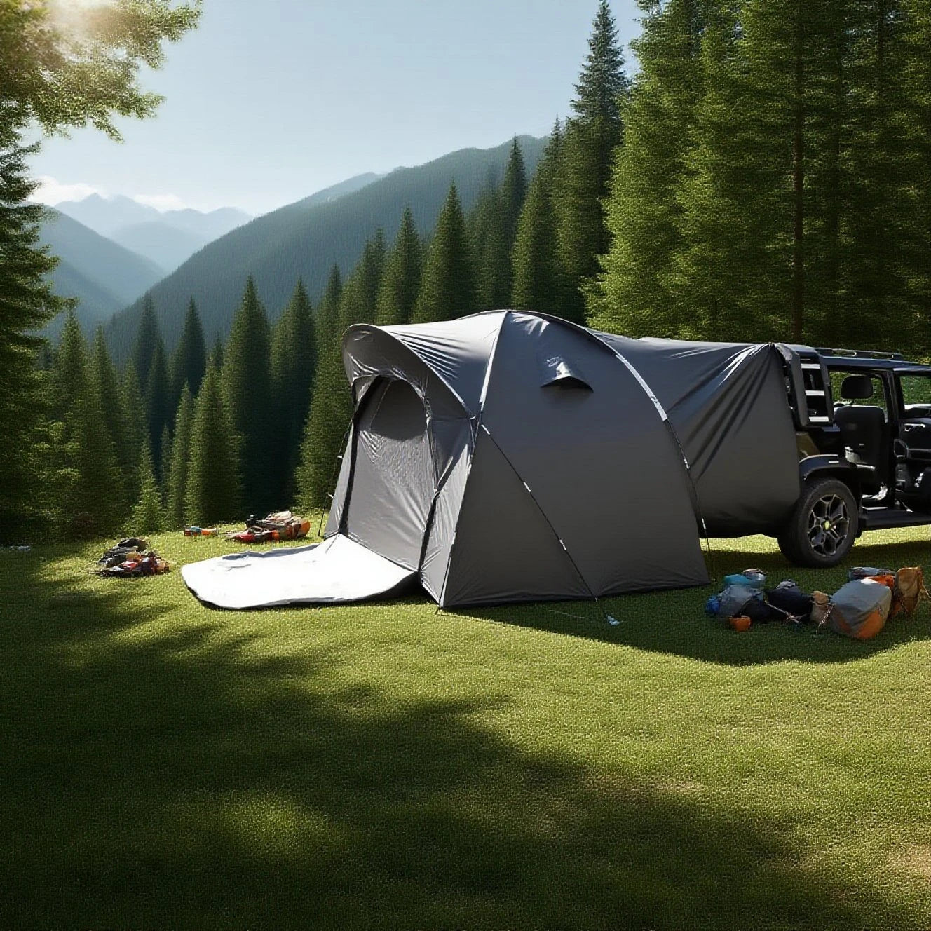 3-4 Person SUV Camping Tent PU4000 Waterproof with Mesh Bug Door, Cross-Ventilated Quick-Pitch Design, Built-In Floor