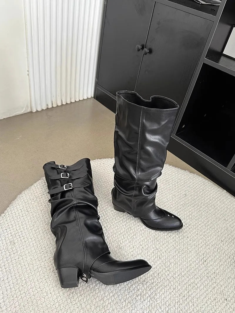 High Quality Wasteland Punk Y2k Gothic Style Vintage Motorcycles Western Boots for Women Black Rivets Knee High Boot Shoes