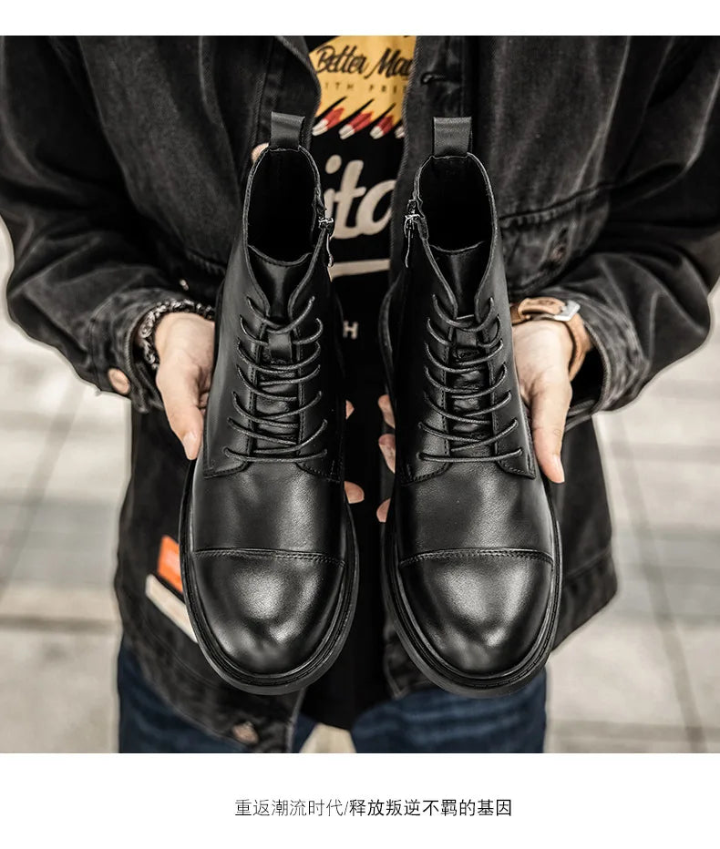 A047 New Men's Boots British High Calf Man Shoes Fashion Round Toe Ankle Boots Comfort Flats Shoes Leather Motorbike Shoe