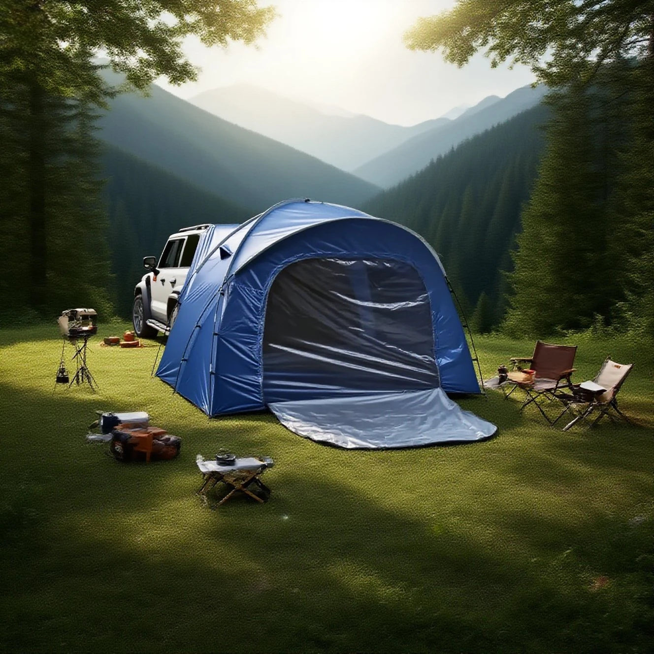 3-4 Person SUV Camping Tent PU4000 Waterproof with Mesh Bug Door, Cross-Ventilated Quick-Pitch Design, Built-In Floor