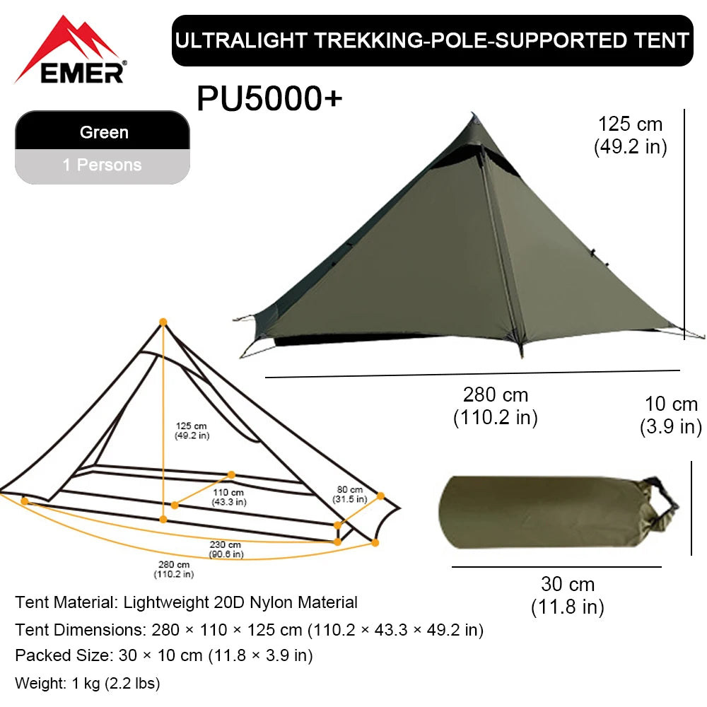 EMER 2 Person 1 Person Outdoor Ultralight Camping Tent 4 Season Professional 20D Silnylon Rodless Tent Hiking Portable Tent
