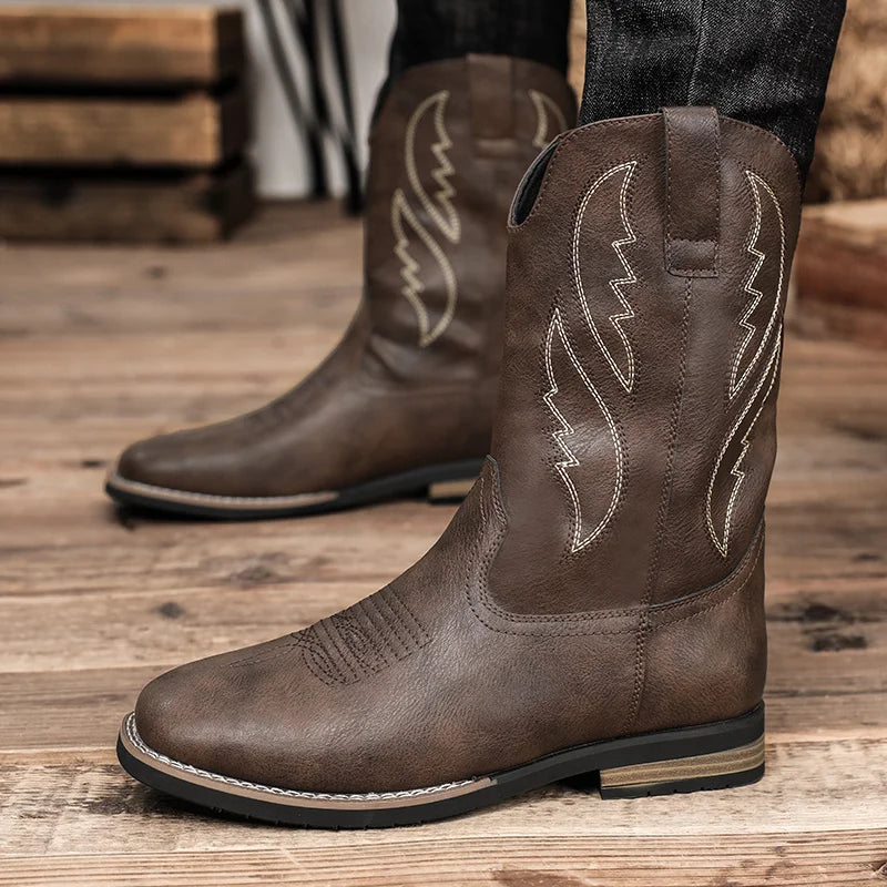 Western Style Cowboy Chelsea Boots Vintage Mid-calf Boots Pointed Toes Classical Shoes Genuine Leather Worker Winter Booties