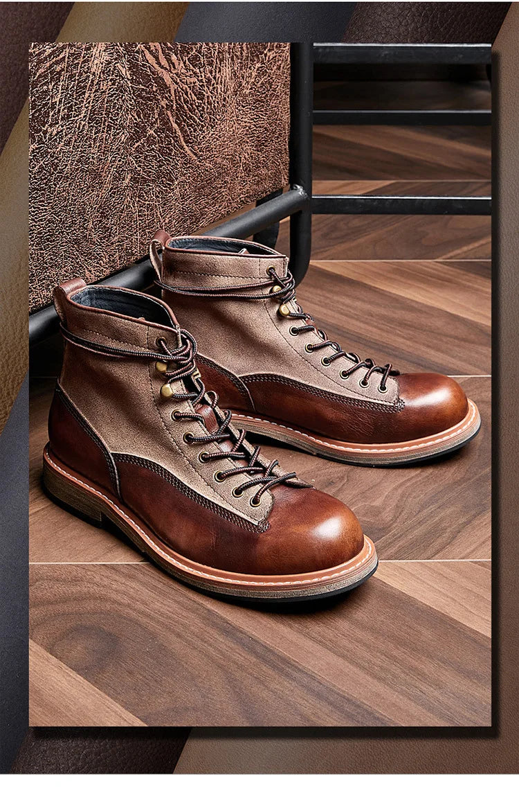 Retro Leather Men Motorcycle Boots High Top Motorbike Riding Boots Fashion Comfortable Ankle Boots Trekking Outdoor Shoes Brown