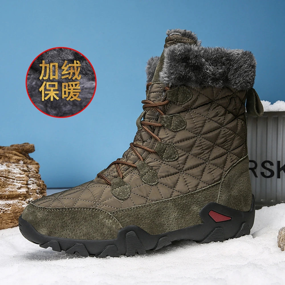 Motorcycle Winter Snow Boots Thickened Thermal Plush Boots Waterproof Outdoor Hiking Shoes Cow Leather Warm Skiing For Men