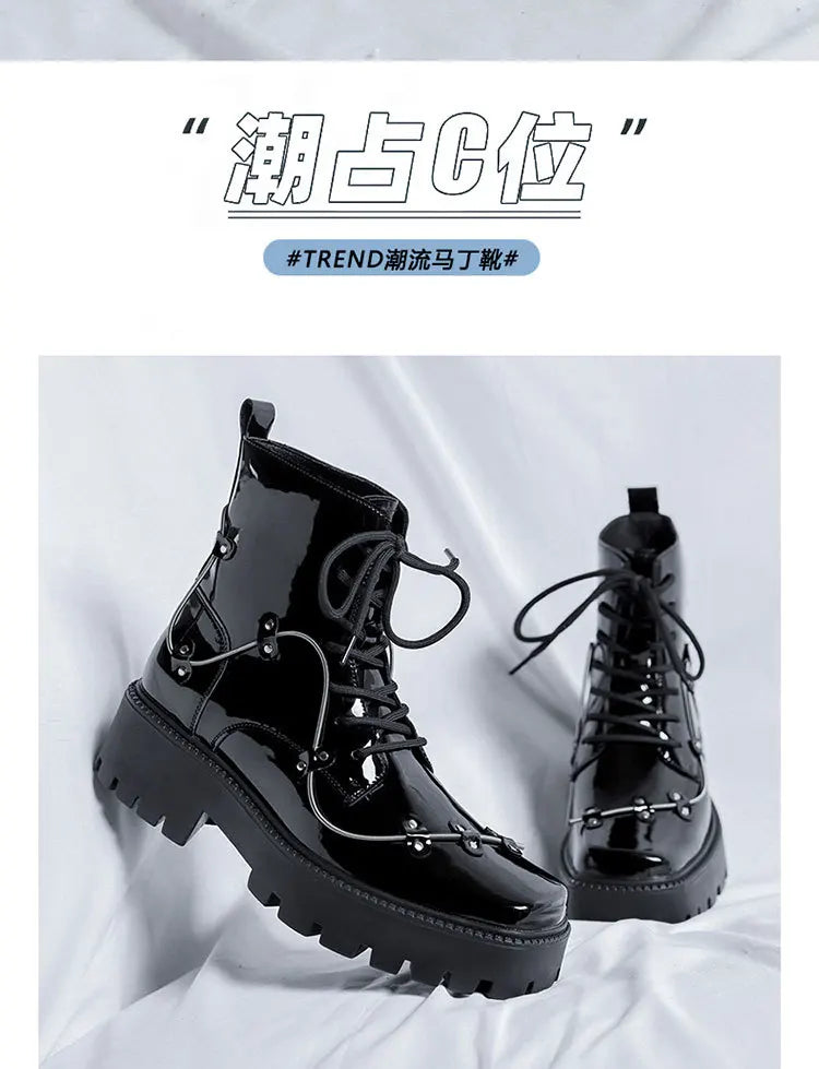 2025 Niche British Style Platform Derby Shoes Square Head Bright Leather Men's Business Casual Retro Boots