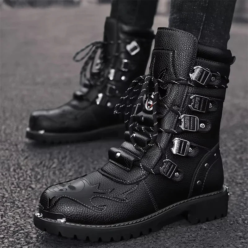 Men's Motorcycle Boots Outdoor Boots Four Season Fashion Cycling Shoes High Top Mens Casual Boot PU Leather Boots Plus Size 46